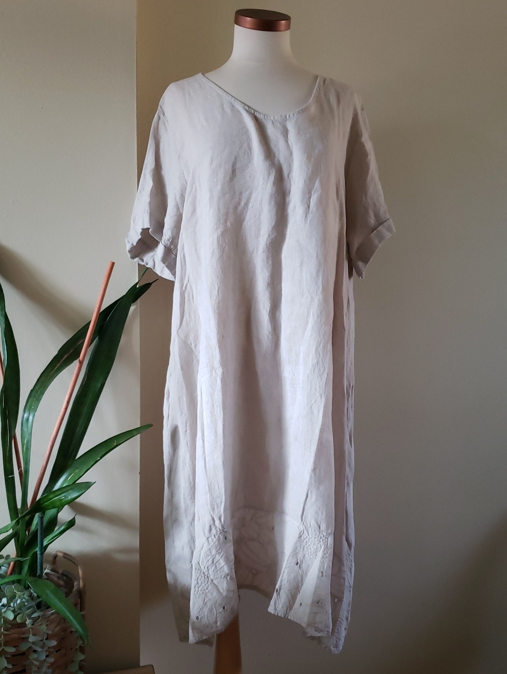 Rosemarine  100% Linen Midi Dress Eyelet Hem - Oatmeal - 1X